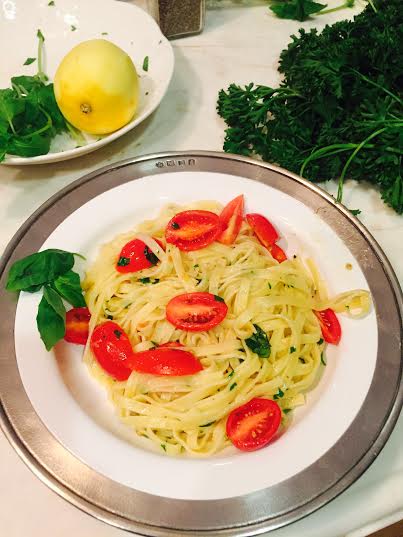 Lemon and Herb Pasta with Cherry Tomatoes. I reduced the amount of garlic the recipe called for to make it more appealing for my kids.