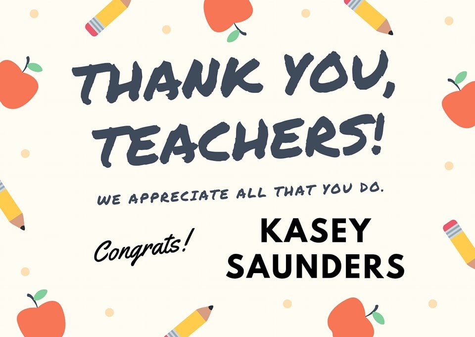 🌟 Drumroll, please! 🌟 I am thrilled to announce the winner of our Teacher Appreciation giveaway: Kasey Saunders! 🍎📚 You were nominated by Elizabeth Wynne! Your dedication and impact have not gone unnoticed. Get ready to shine in your complimentar