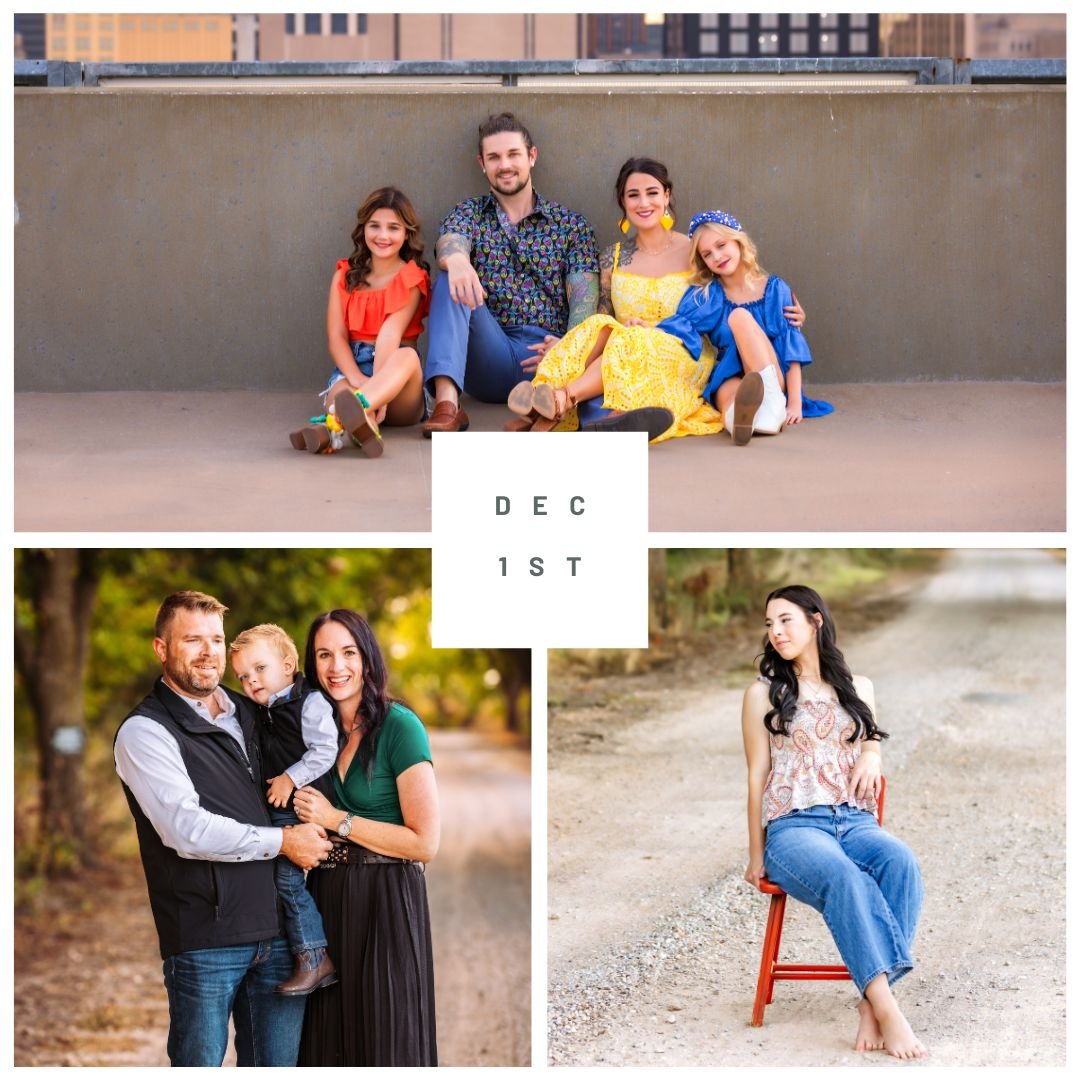🎄 Final Photography Openings of the Year! 🎄

📅 Date: December 1st
📍 Location: Downtown OKC
⏱ Session Length: 30 minutes
💻 Delivery: Guaranteed digitals before Christmas!

I have 4 spots available, and this is your last chance to book in 2024! Pe