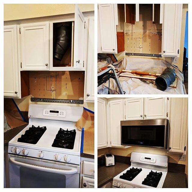 It's hard to use your stove when your new microwave is only 12 inches above the cooktop. Luckily this #handyman knows how to modify cabinets really well :) #woodworking #cabinetry