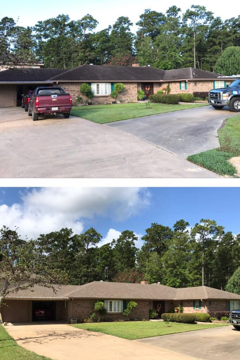 Side-by-side comparison of a brick house with a front yard, driveway, and two cars parked, before and after a roofing replacement. The roof in the second image appears new and lighter in color. The house features shrubs and trees, with a background of tall trees and a partly cloudy sky.