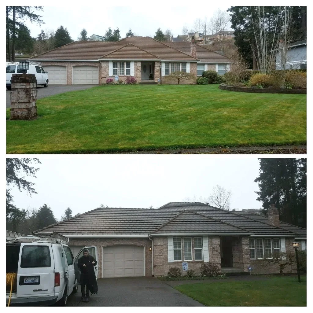 Before and after images of roof cleaning. The top image shows a clean roof after roof cleaning and the bottom image shows the same house with a dirty roof before roof cleaning