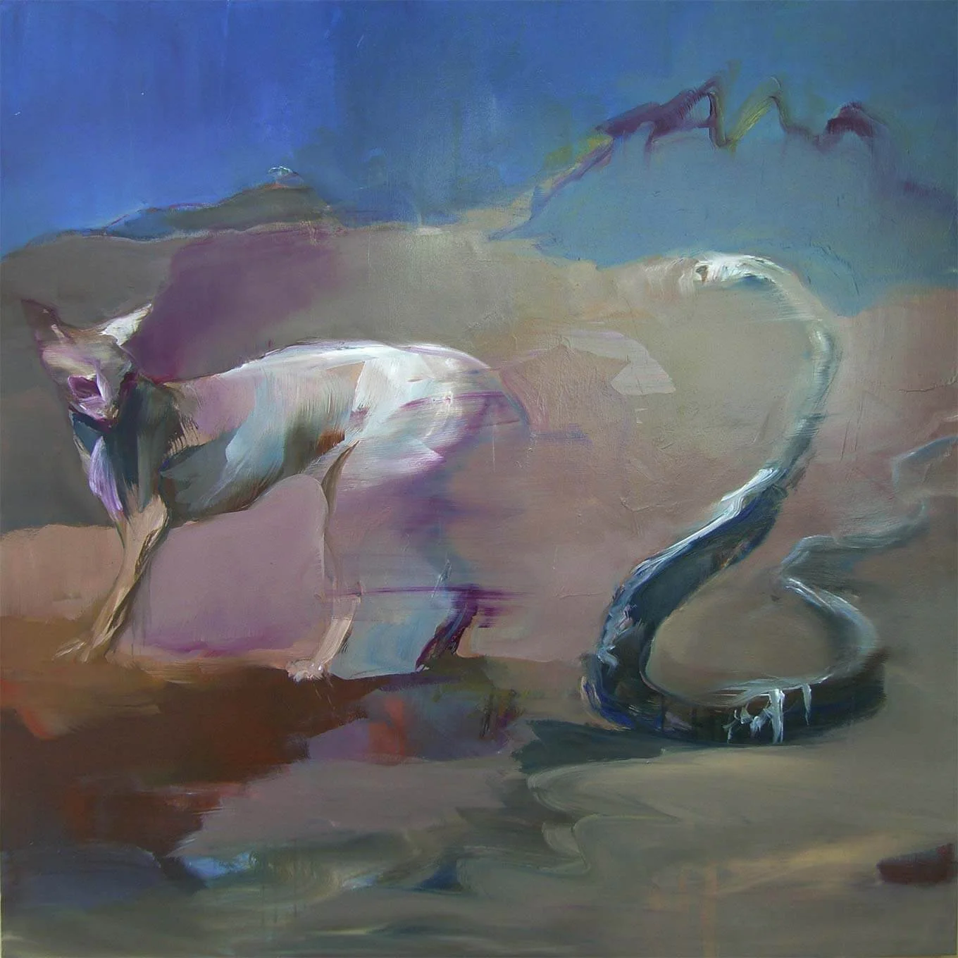 First conversation between the cat and the snake in the Garden of Eden, 2016, olio su tela, 100x100 cm