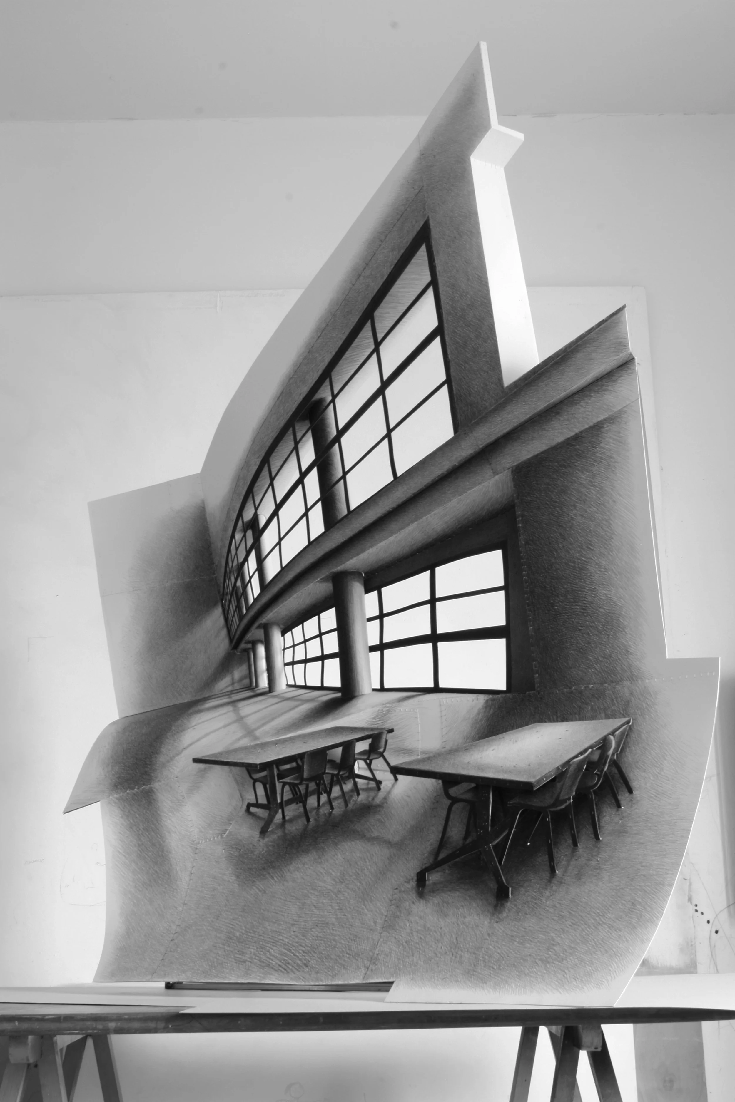 “Sala lettura Luigi Cosenza” 2011 H 180 cm x 130 cm x 50 cm , carta disegnata a matita e cucita