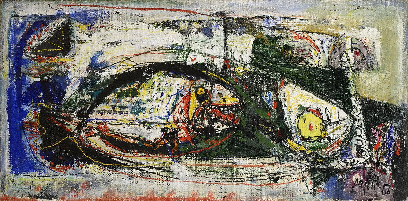 Natura morta con pesce vorace, 1968 acrilico su tela, 45 x 90 cm
