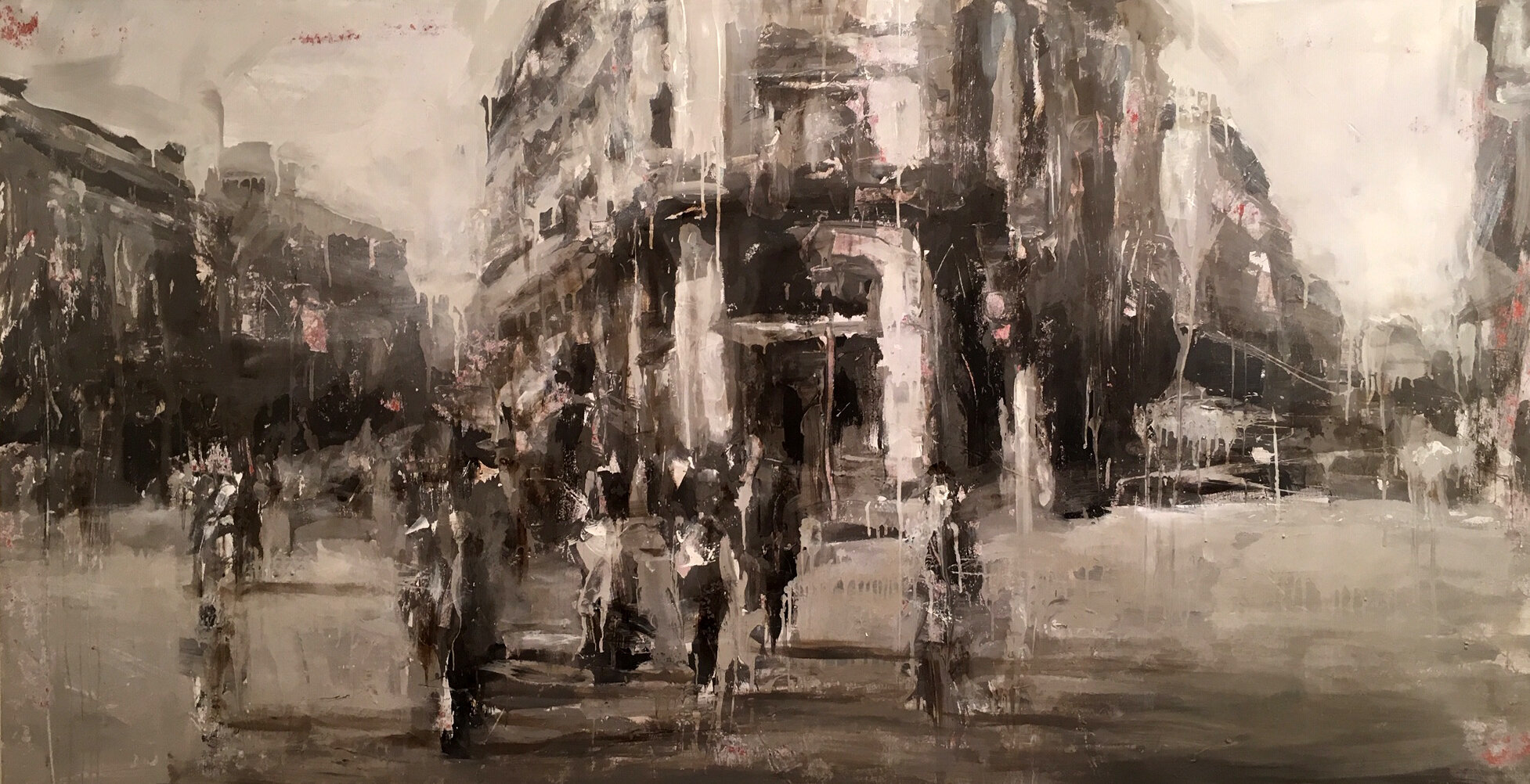 Piazza Cordusio, tecnica mista su tela, 100x190 cm