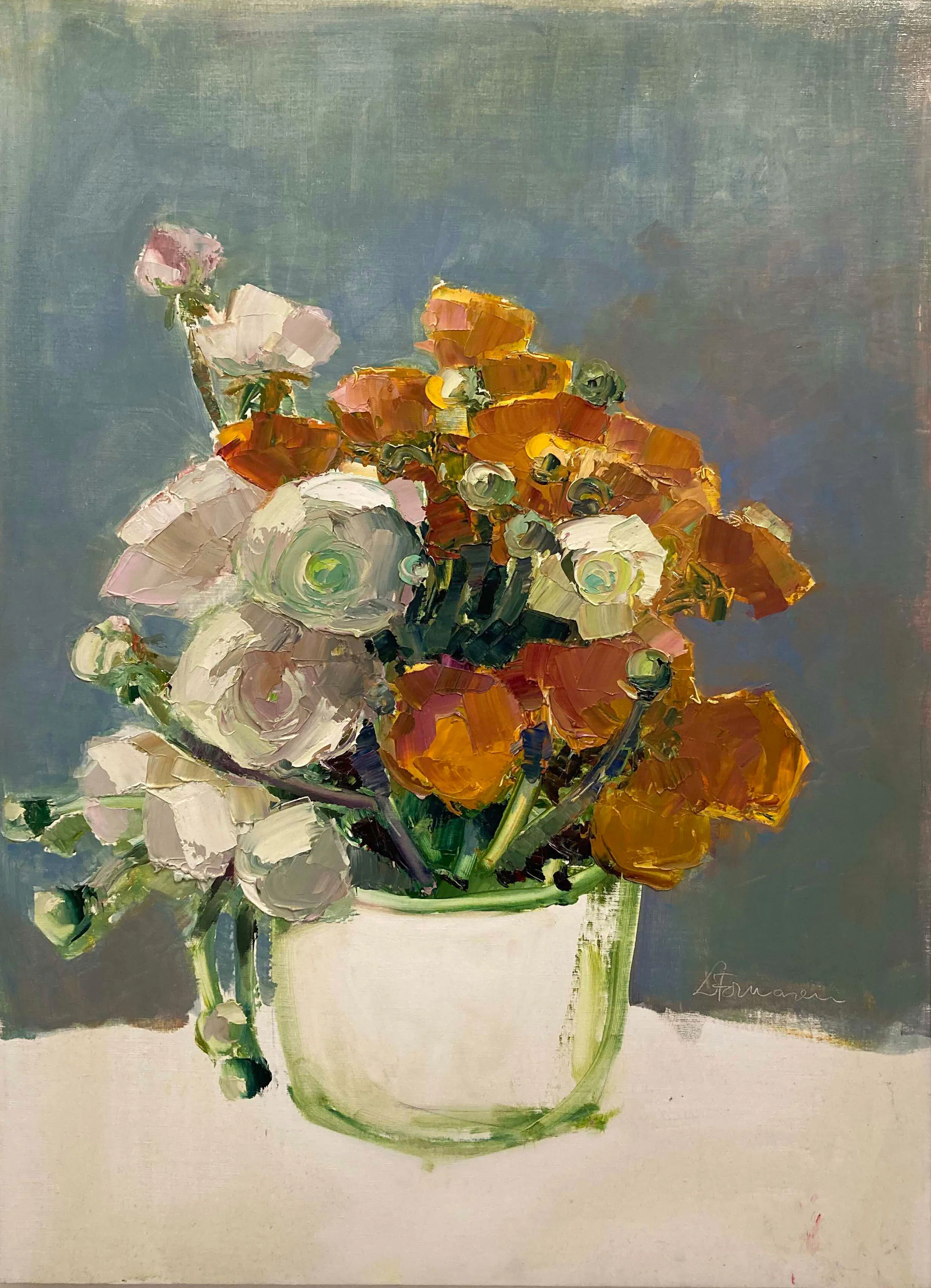 Letizia Fornasieri, Ranuncoli gialli e bianchi, olio su tela, 84x62 cm
