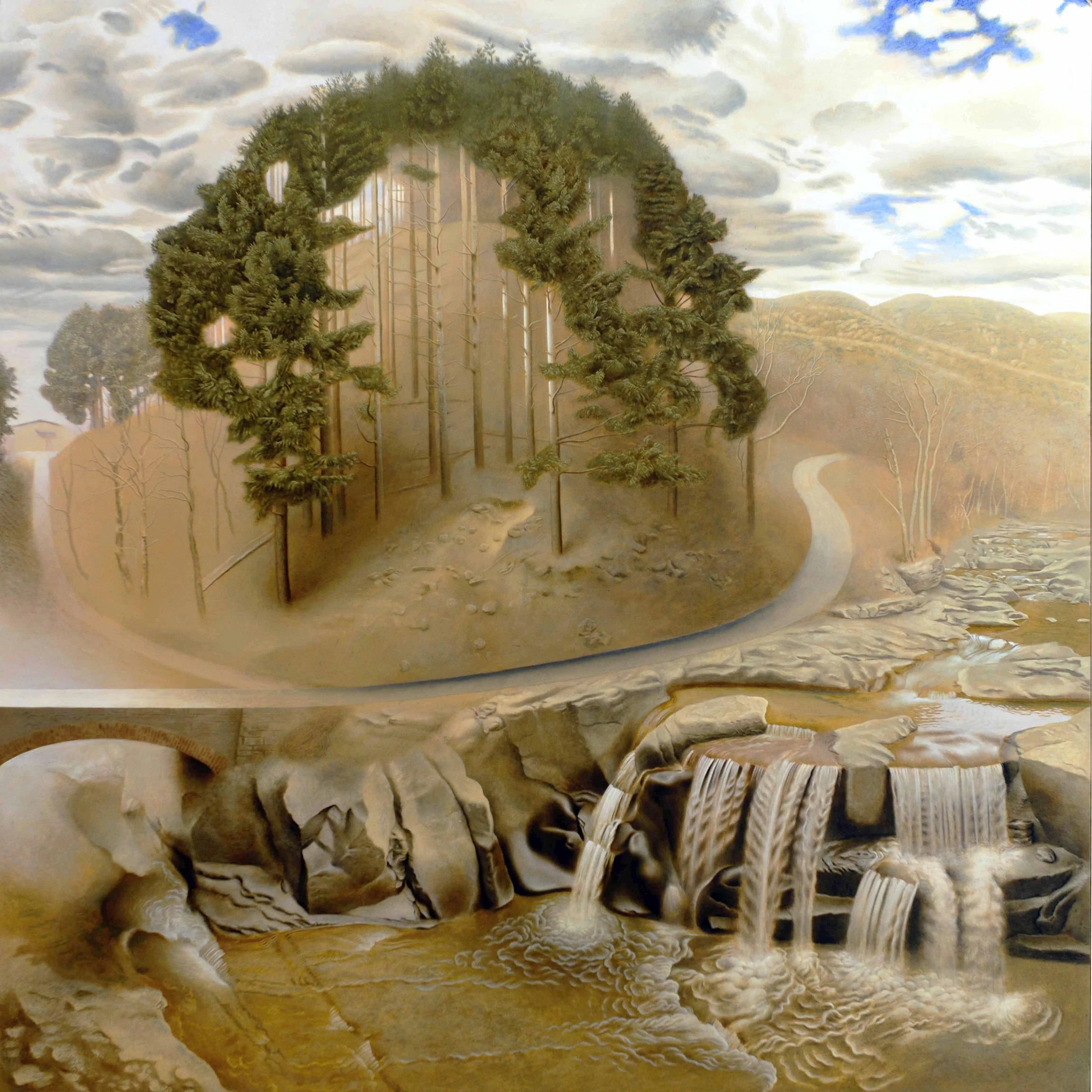 Al di là del ponte, 2018, olio su tavola, 92x90 cm