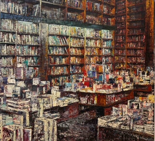 Massimo Giannoni, Interno di libreria, 2018, olio su tela, 110x130 cm