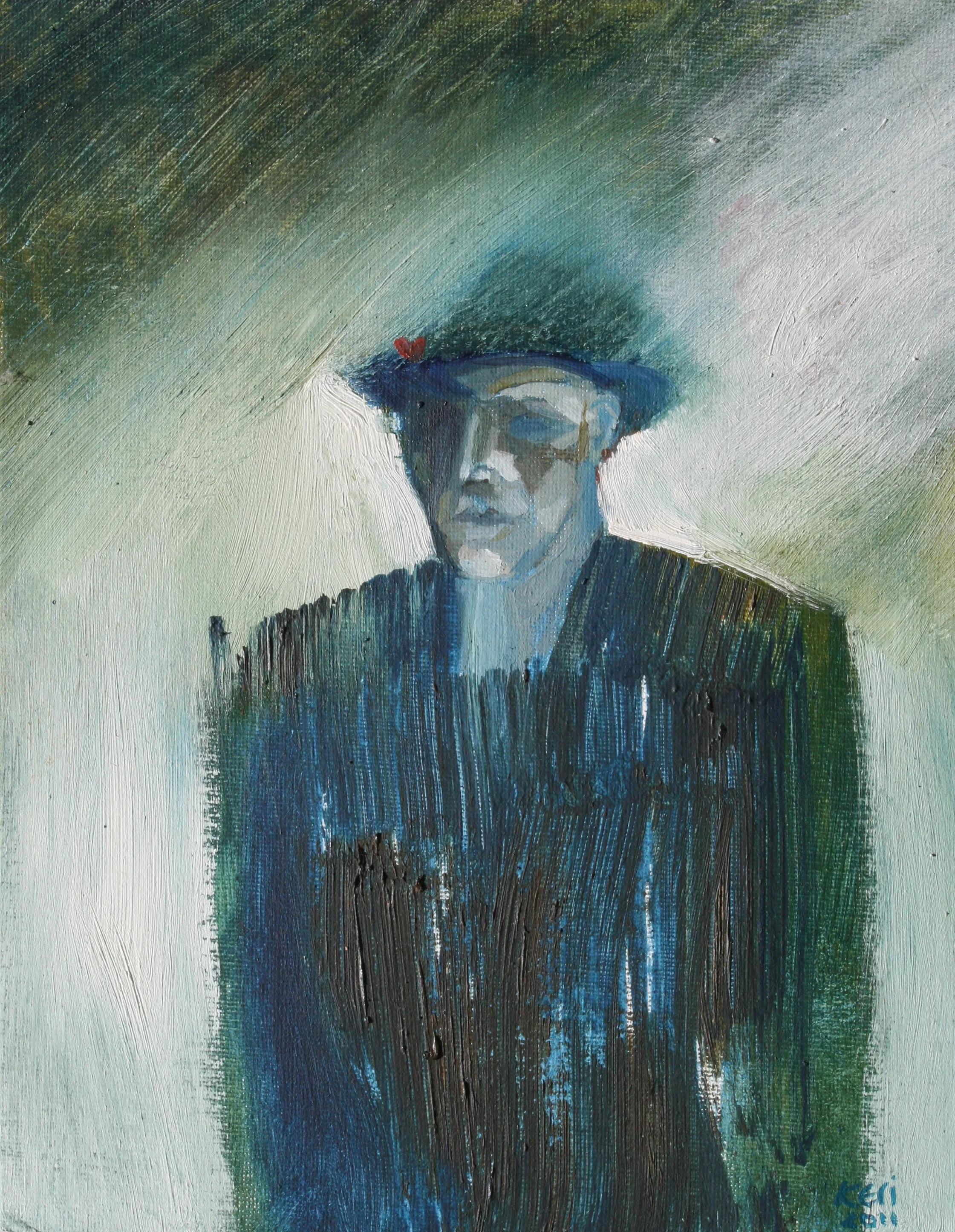 Man and hat. Oil on board. 250mm x 200mm. NZ$200