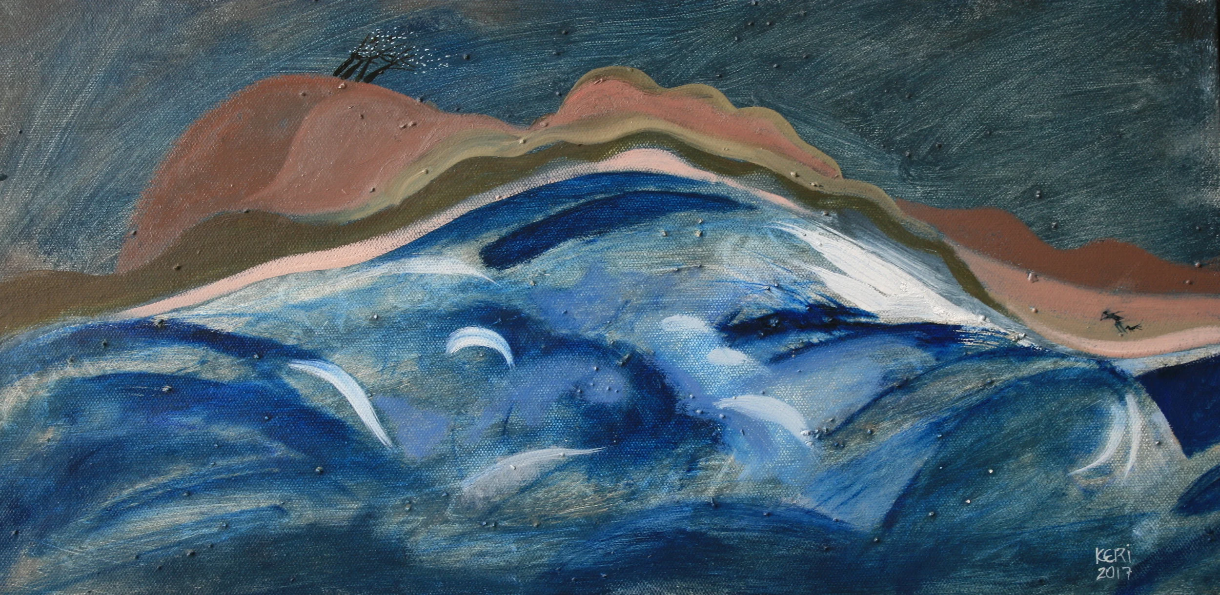 Walking against the wind. 250mm x 510mm. Mixed media on canvas. $NZ300