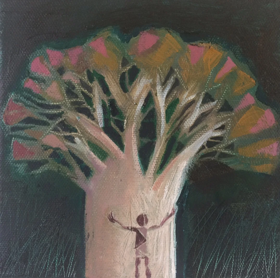 Hug tree. Oil on canvas 150mm x 150mm