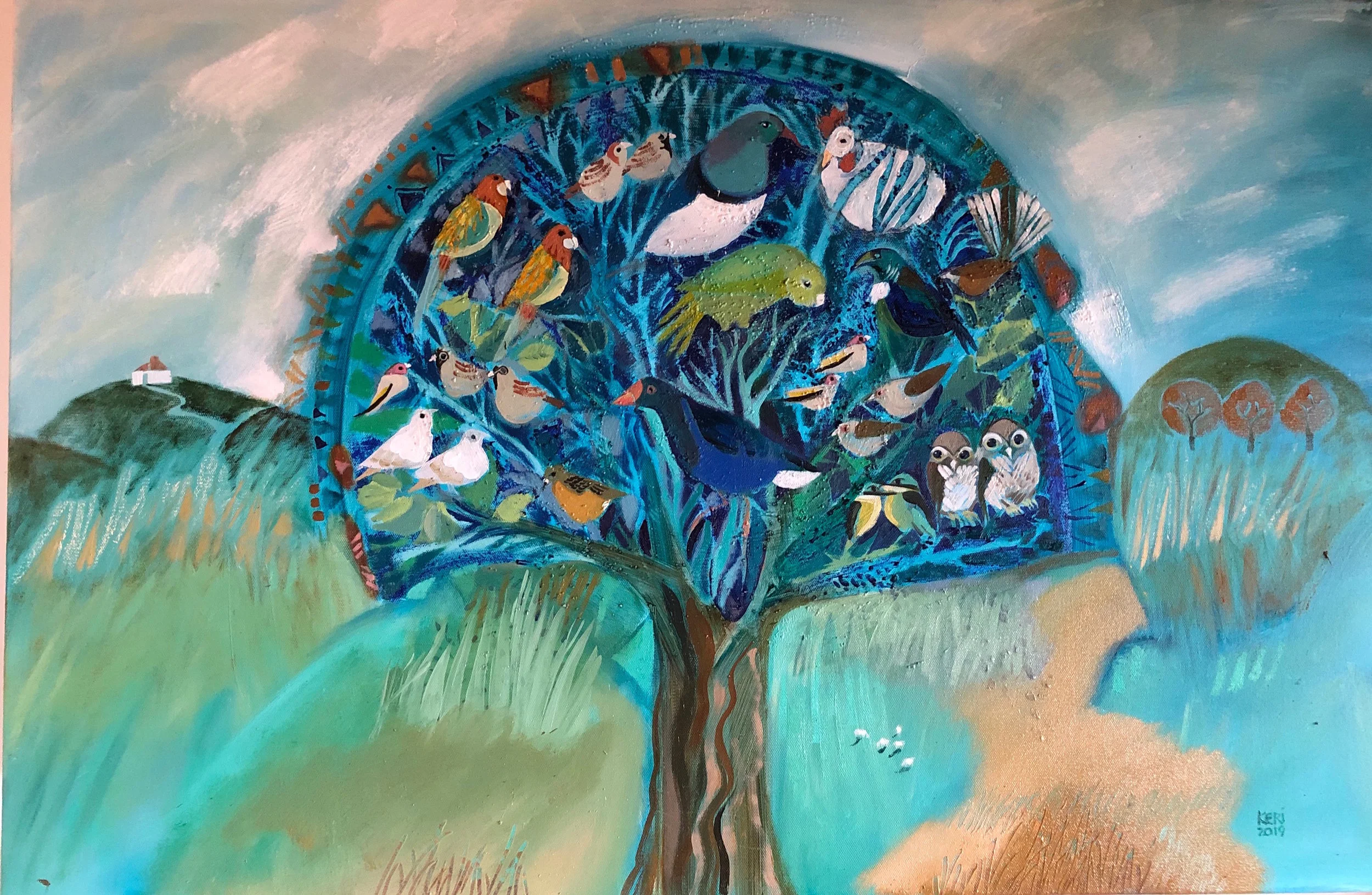 Spring tree at Village Arts Kohukohu. Oil an d mixed media on canvas