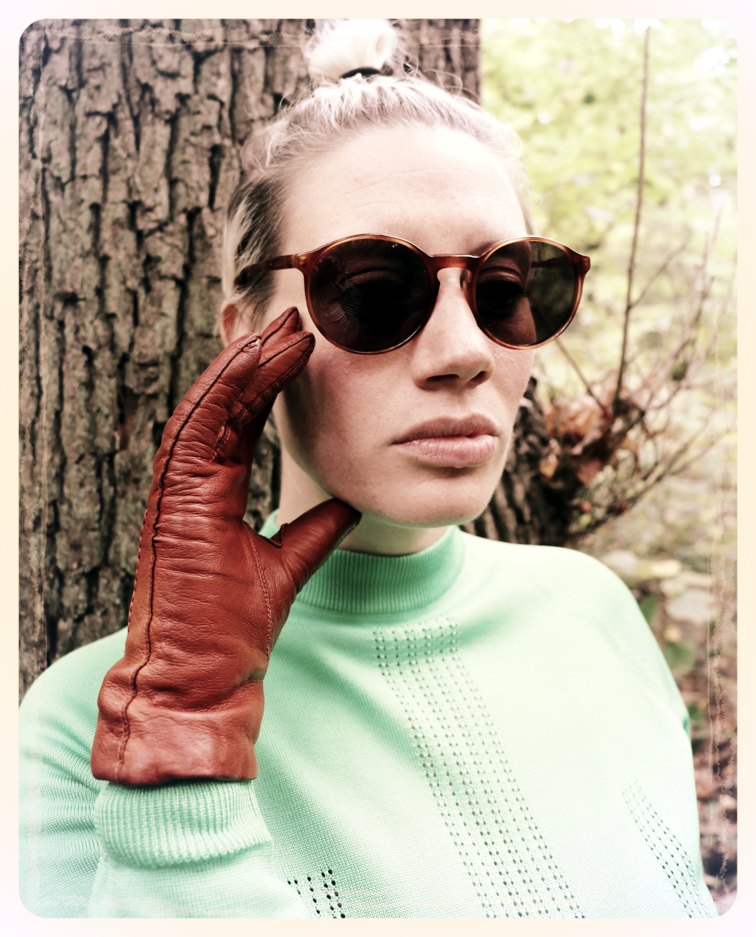Peep Eyewear, Vintage Sunglasses, 1960s, Aubrey AW, Worn against a tree, Autumn Winter collection