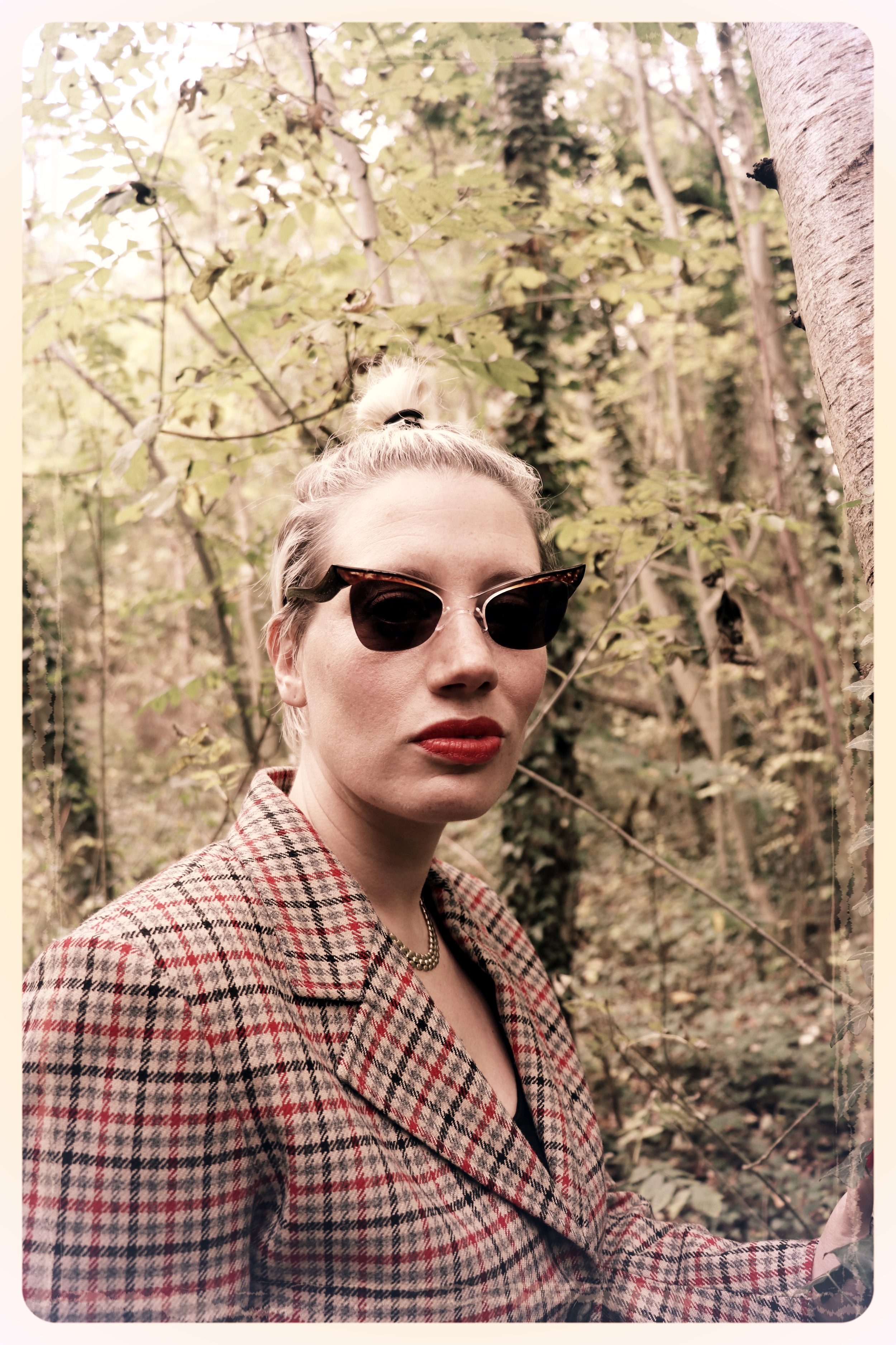 Peep Eyewear, Vintage Sunglasses, 1950s, Carmel worn in the woods with tweed jacket