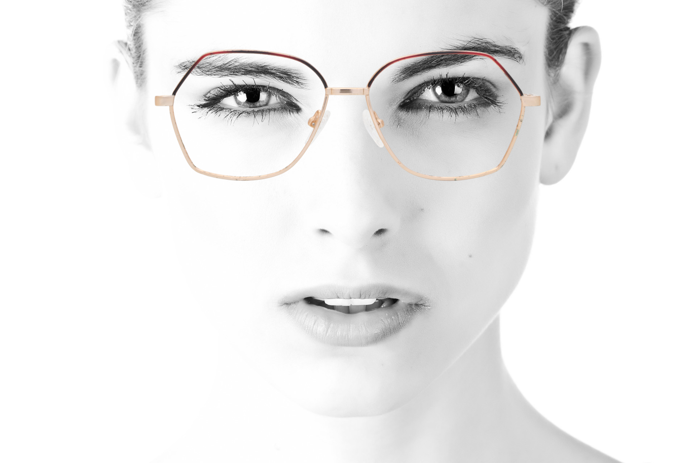 Peep Eyewear, Vintage Glasses, On Model Hex Gold and Red Metalic Frame,.png