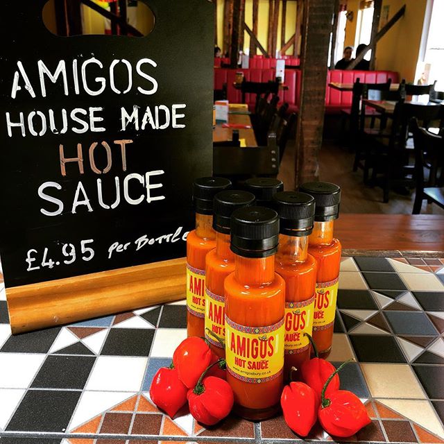 Our chefs have been hard at work developing our house hot sauce to be bottled up for you guys to be able to take home! #amigos #amigosbury #hotsauce #homemade
