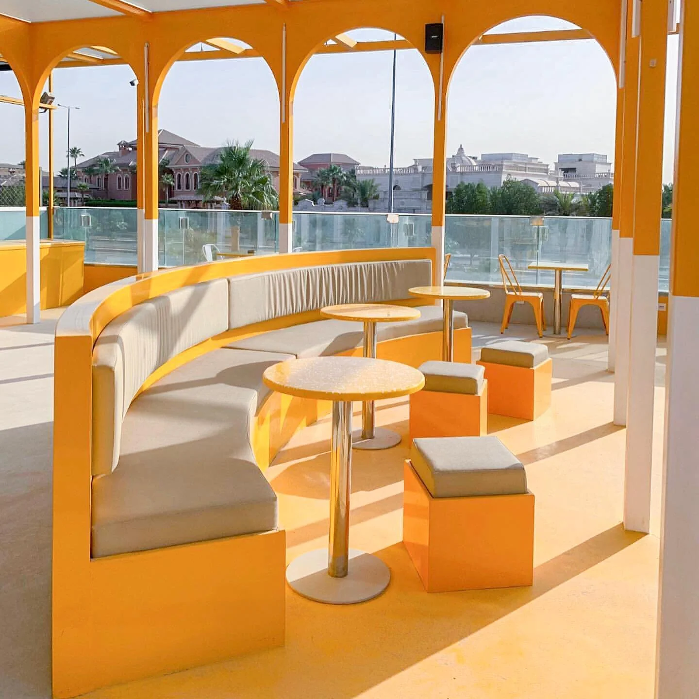 Seating and rooftop structure for the restaurant &ldquo;the kind ones&rdquo; reflecting its branding through curvy shapes and yellow sunny structure. @thekindones @thekindonesksa #dreamspace 
#ihavethisthingwithyellow #restaurantdesigner