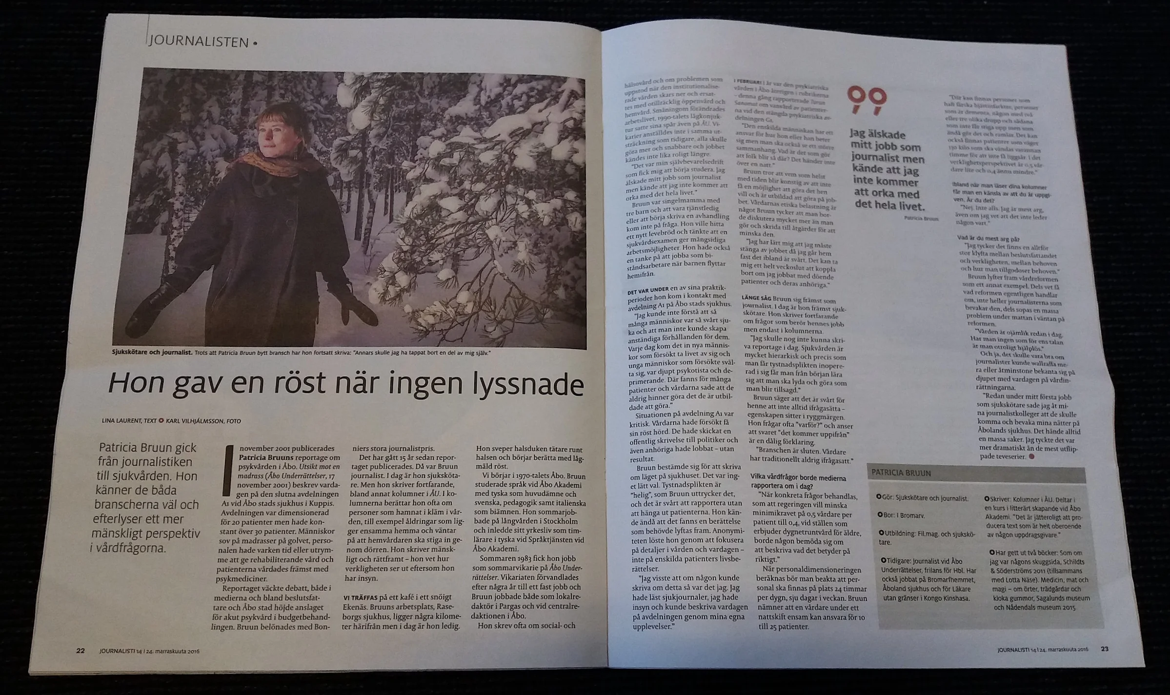 Personporträtt med sjukskötaren och journalisten Patricia Bruun. I Journalisten 14/2016. Foto: Karl Vilhjálmsson.