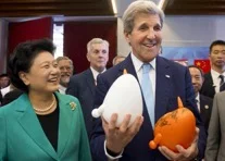 John Kerry, Madame Liu Yandong, Vice Premier of the People’s Republic of China and US Ambassador to China Max Baucus (background) at the Young Maker Competition showcase during the 7th annual U.S.-China High-Level Consultation on People-to-People Exchange at the National Museum in Beijing , June 7, 2016. Photo Credit: Times of Malta