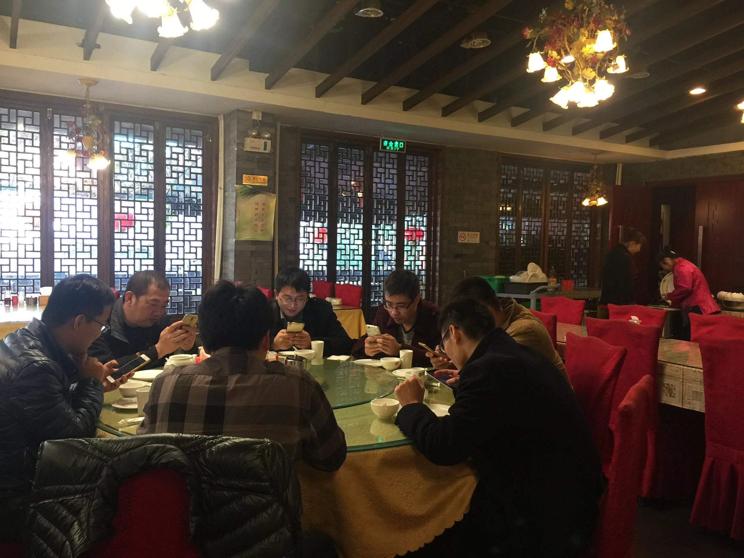 Group meals served large round table and lazy susan style