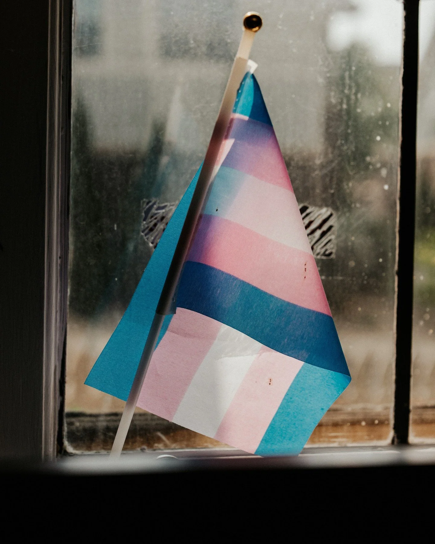 Trans friends... we see you, we love you, and we support you. 🏳️&zwj;⚧️💜
.
.
.
.
.
.
[Image Description: A close-up image of a small Trans pride flag sitting in a window sill.]