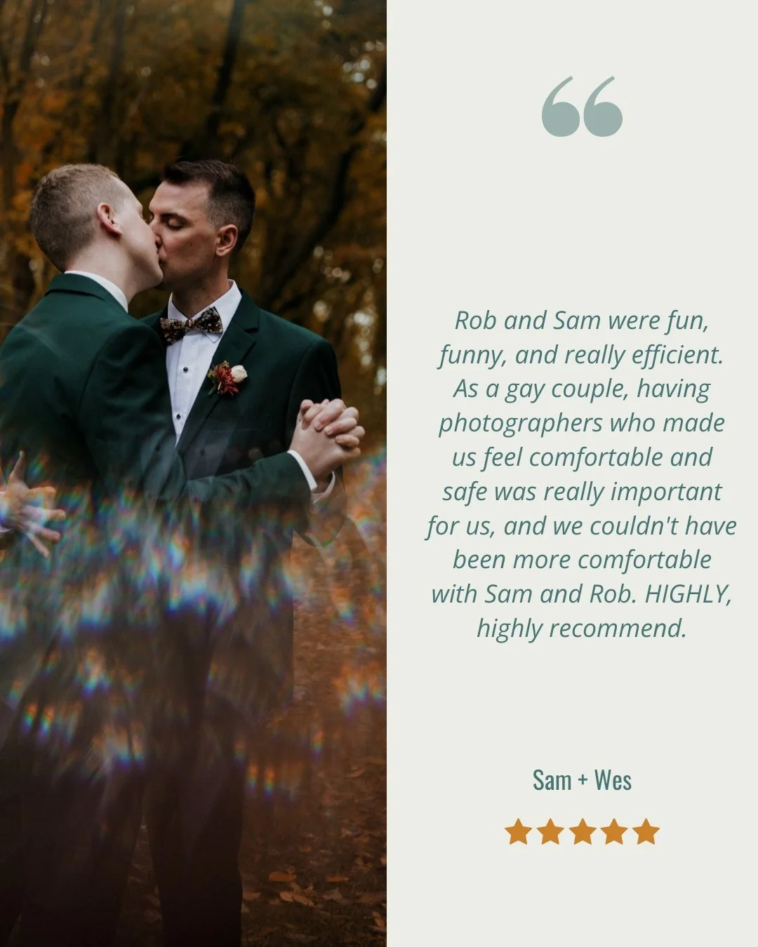 Serving couples in love since 2002 🥰
.
.
.
.
.
[Image Description: A white man with short blond hair in a dark green suit is dancing with and kissing a white man with short dark hair, who is also wearing a dark green suit. They are dancing in a Fall