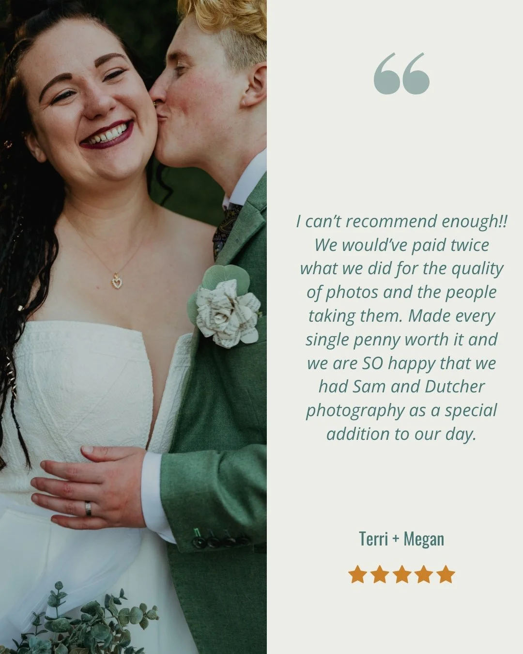 🥹💖 Terri + Megan had the most beautiful and special wedding day, and we're so glad we got to celebrate with them! 
.
.
.
.
.
.
[Image Description: A white woman with long dark brown hair and a white wedding jumpsuit is being held and is smiling bro