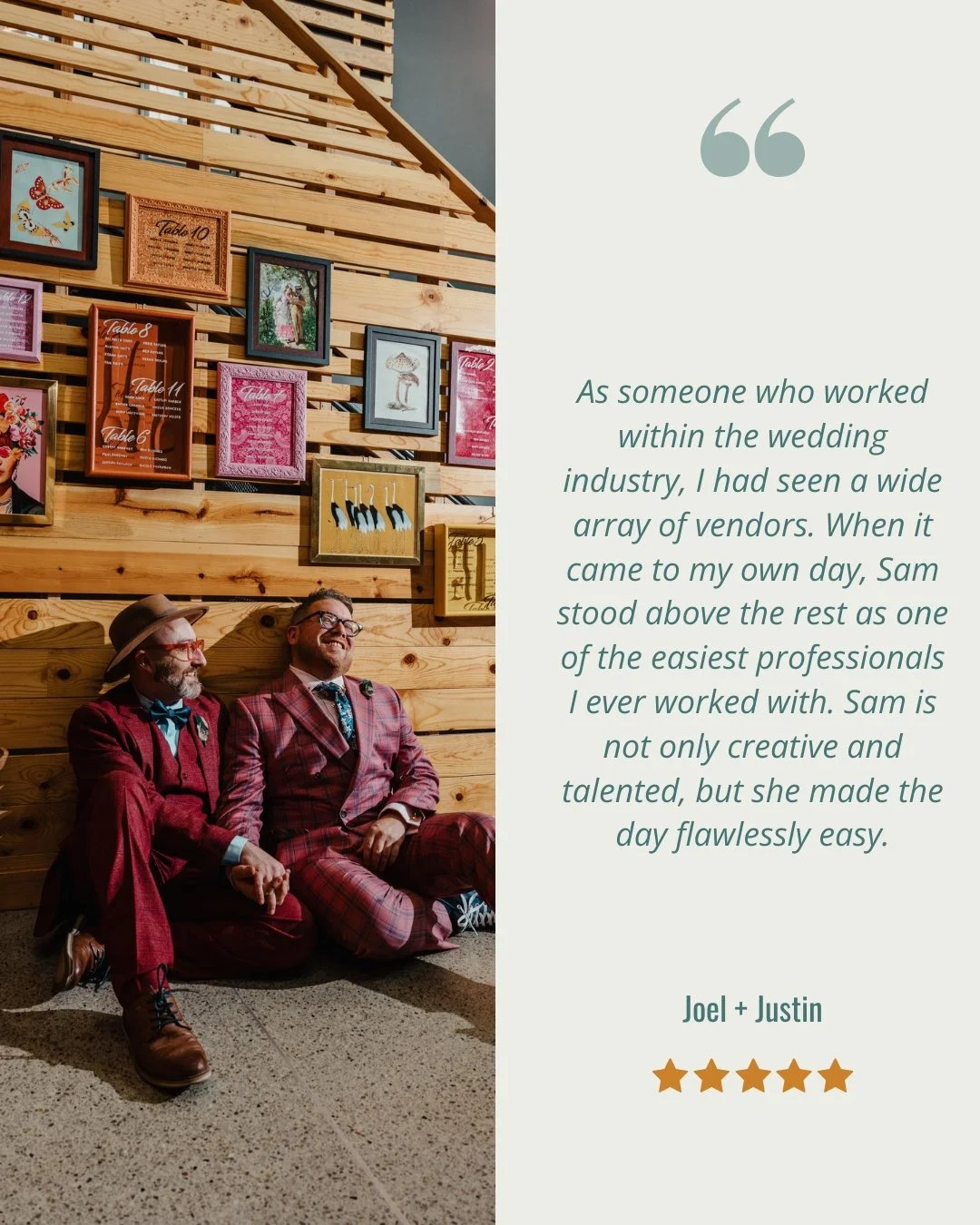 It is always 𝘦𝘹𝘵𝘳𝘢 flattering when someone who has been in the wedding industry enjoys working with us! 🤩🥰💜 Joel + Justin had the most amazing wedding ever, and the decorations, the design, the food, the tea? All PERFECT! 
.
.
.
.
.
[Image De