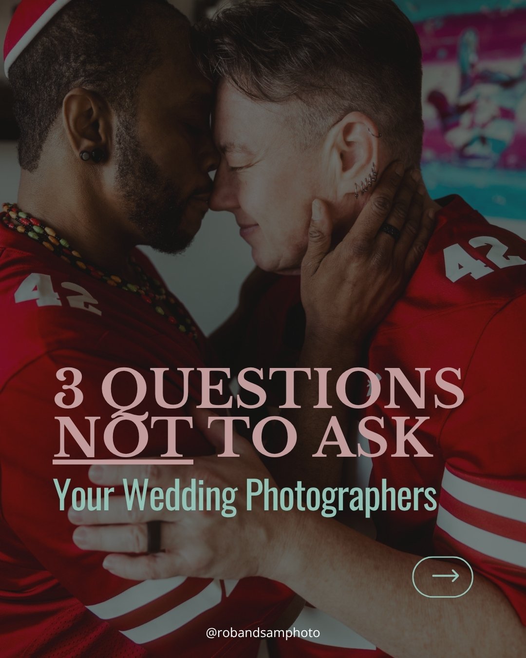 Three questions NOT to ask your wedding photographer: 
1️⃣ How many images will we receive? Assumes quality and quantity are the same thing, which they aren't. If you want to make sure you're getting a good return on your wedding photography investme
