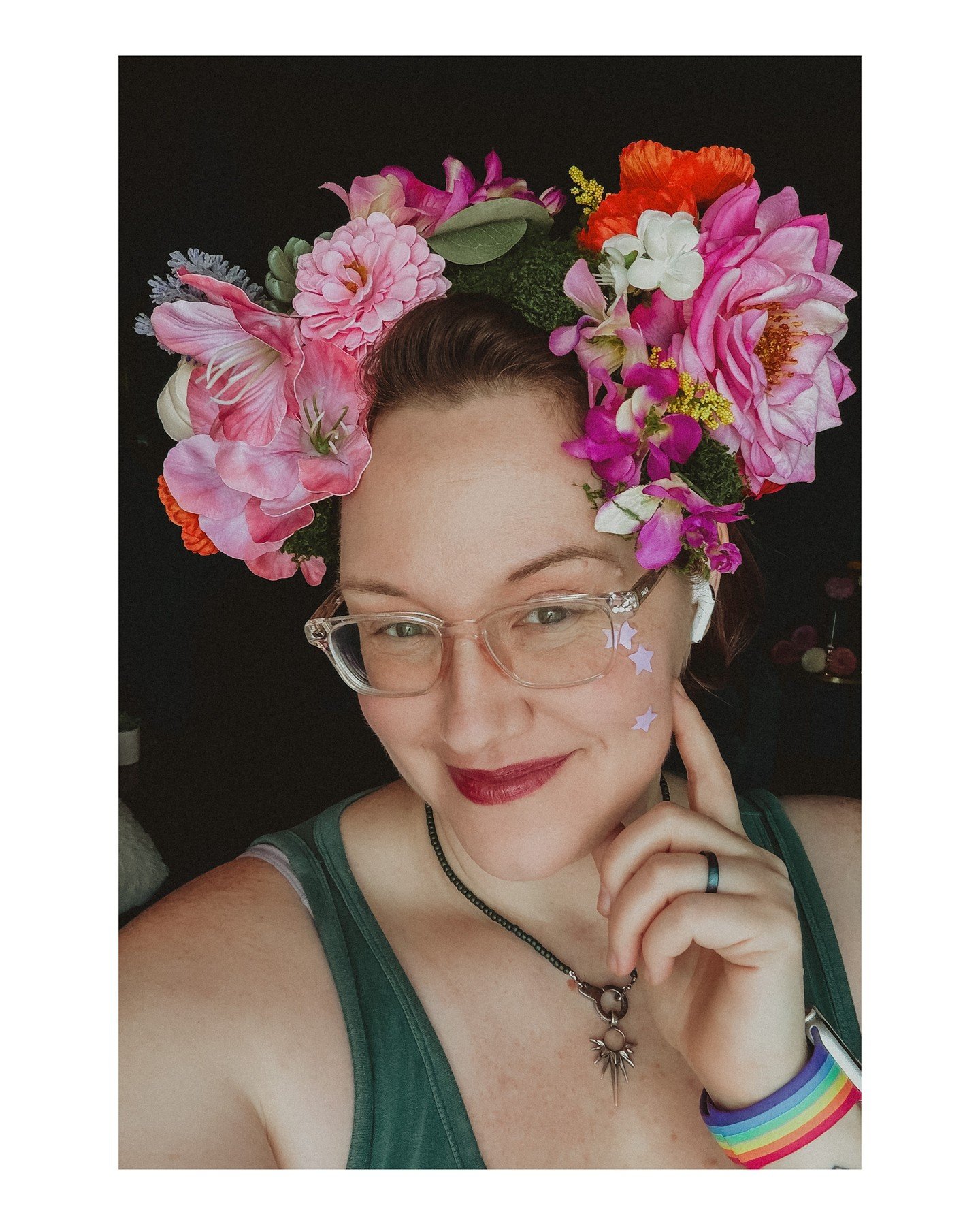 Hey, take selfies whenever you want friend. And never underestimate the magic of playing dress-up as an adult (yes, even with zit stickers on your face). 😘
.
.
.
.
.
.
[Image Description: Sam, a white woman in a larger body with clear glasses on and