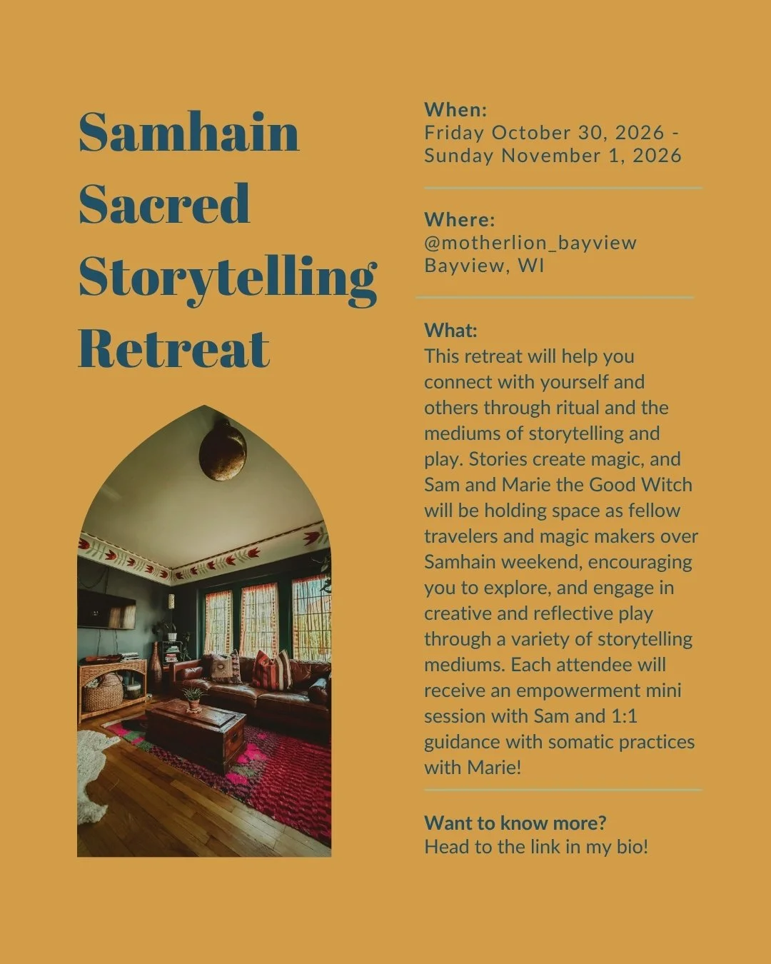 ✨ Samhain Sacred Storytelling Retreat Weekend registration is open! ✨
When: Friday October 30, 2026 through Sunday November 1, 2026
✨
Where: The amazing @motherlion_bayview 🤩
✨
Your Hosts: Sam (of @robandsamphoto &amp; @reverence_intimate_portraits)