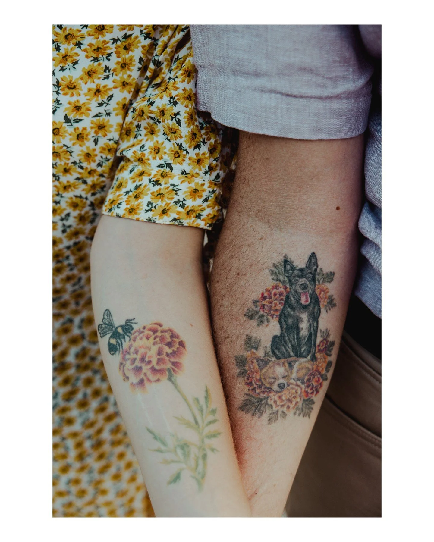 Okay, but like.... look at these adorable Marigold, bee, and doggo tattoos 🥹
.
.
.
.
.
.
 - Camera Gear: 
 - Canon: @canonusa
[Image Description: A close-up image of two white people's arms, both with Marigold tattoos. One has a bee, and the other h