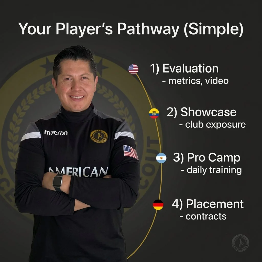 Most parents ask: what happens after evaluation?

Here's the simple truth. Every player follows four clear steps.

1️⃣ Evaluation. We assess metrics and capture video.
2️⃣ Showcase. Your player gets exposure to club scouts.
3️⃣ Pro Camp. Daily traini