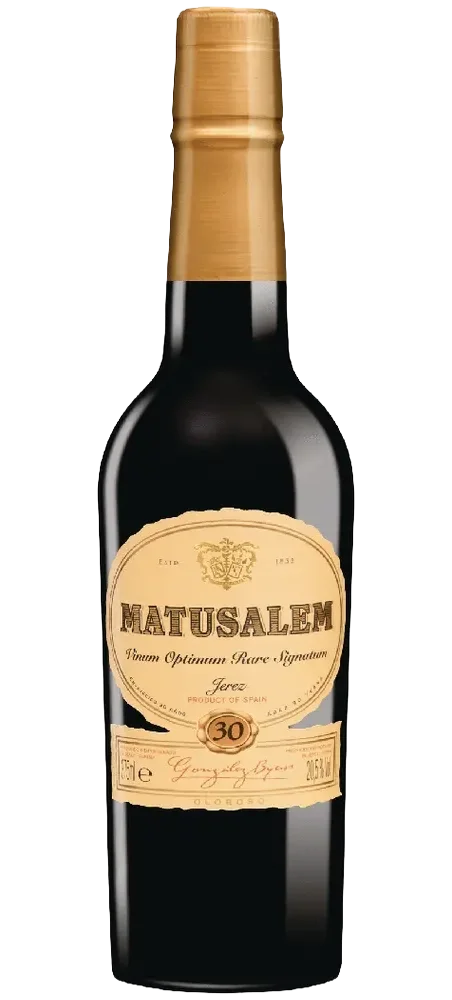A bottle of Matusalem dark rum with a gold foil top and a cream-colored label.
