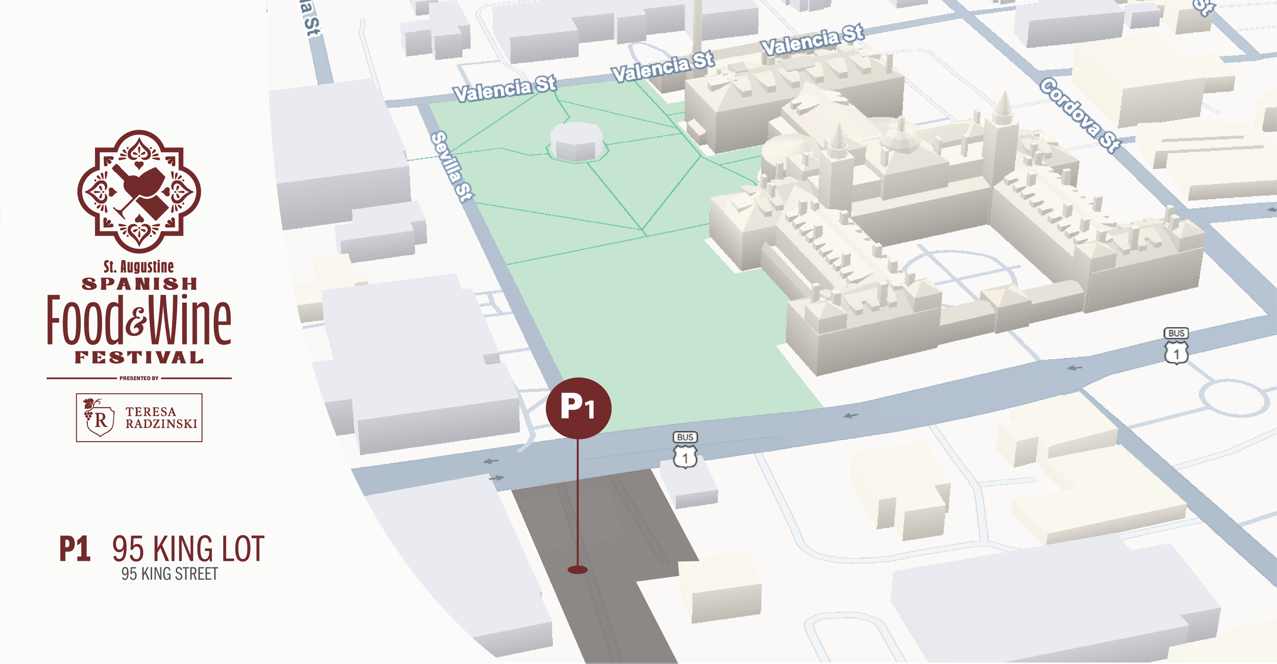 Map showing the location of P1 parking lot on 95 King Street, near the St. Augustine Spanish Food & Wine Festival in an urban area with streets named Valencia Street, Sevilla Street, and Cordero Street, and nearby buildings and green space.