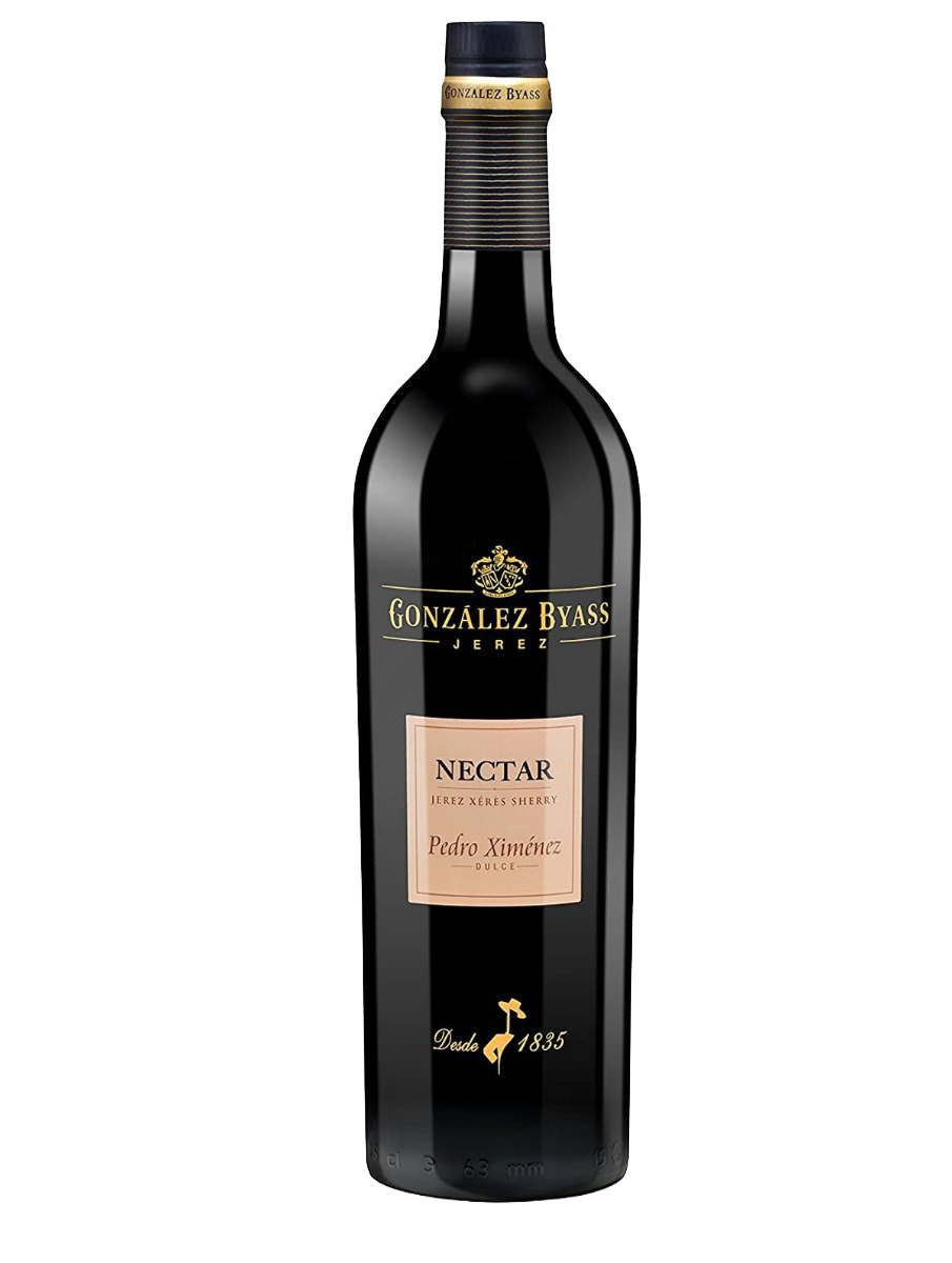 A dark glass wine bottle labeled González Byass Nectar Pedro Ximénez Dulce, a sweet sherry from Jerez, Spain, with a black cap and a beige label.