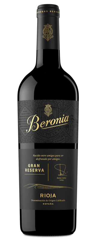 A bottle of Beronia Gran Reserva Rioja wine, with a black label and gold accents, featuring the Beronia logo and text in Spanish.
