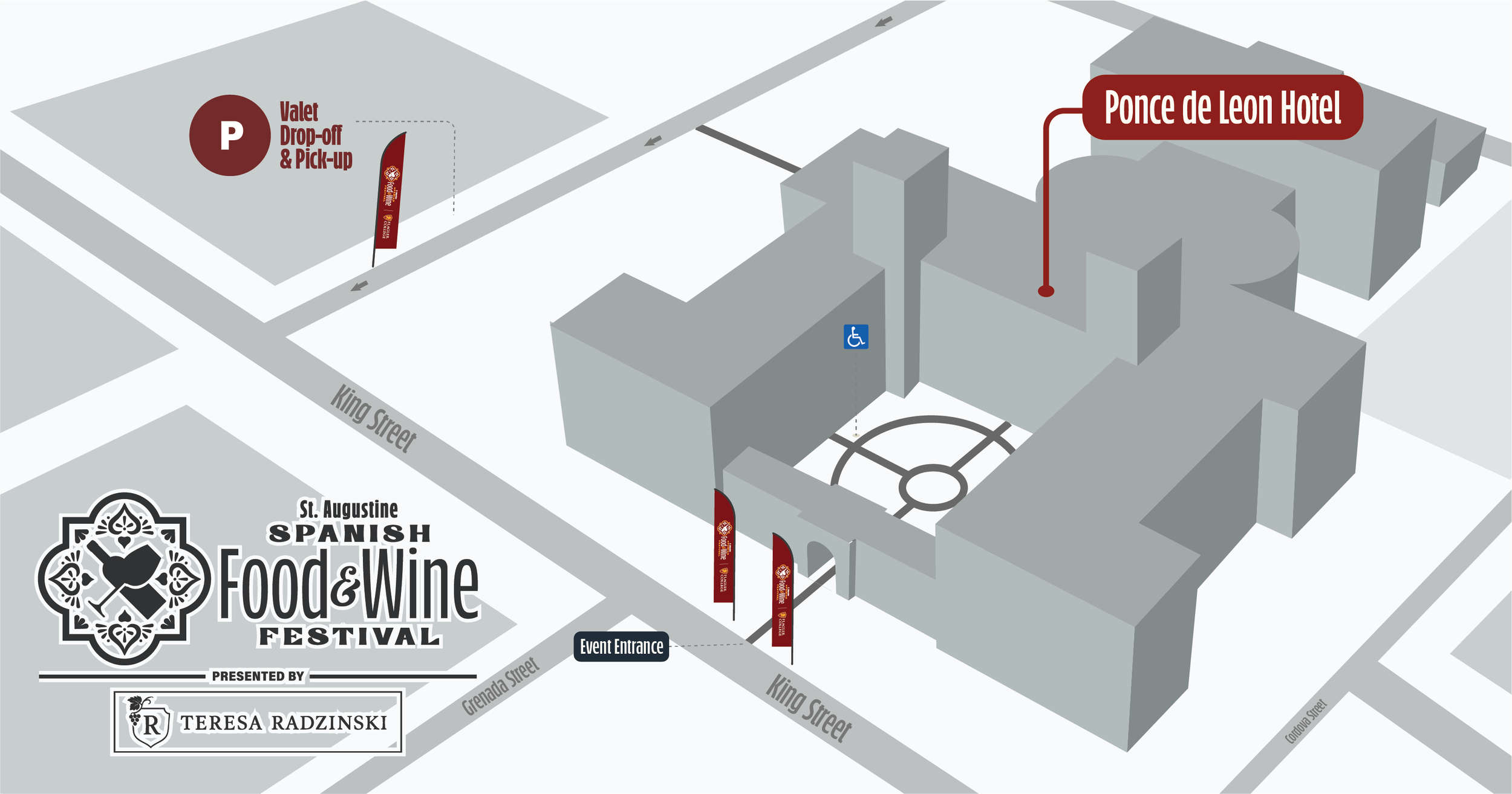 Map of the Spanish Food & Wine Festival showing event entrance on King Street, parking area labeled Valet Drop-off & Pick-up, the Ponce de Leon Hotel building, and surrounding streets.
