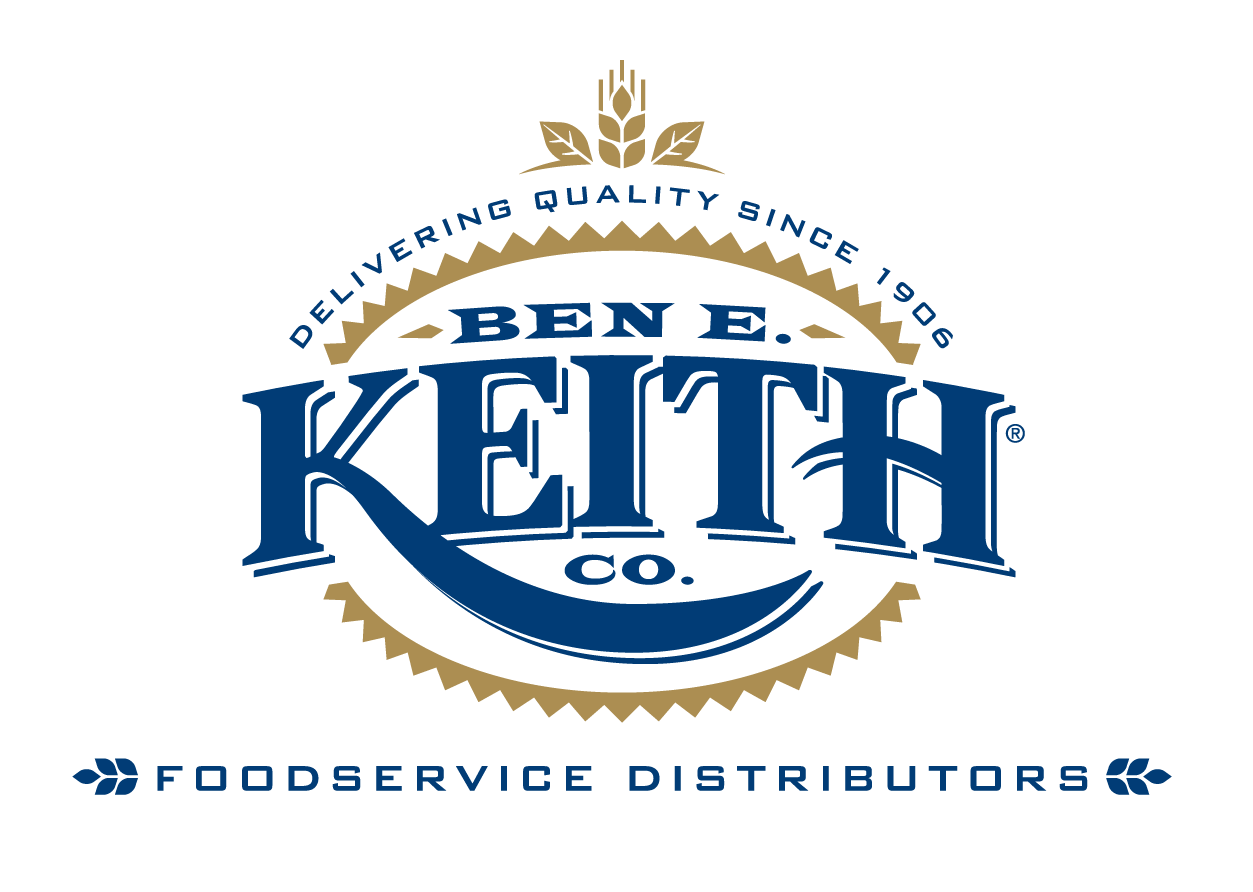 Logo for Ben E. Keith Co. with a gold wheat stalk above the company name. Text surrounding the logo reads "Delivering Quality Since 1906." The bottom text says "Foodservice Distributors."