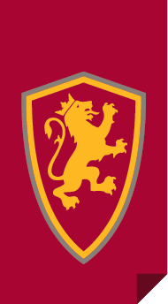 The logo of a lion on a shield, featuring a yellow lion on a red and gold background with a maroon backdrop.