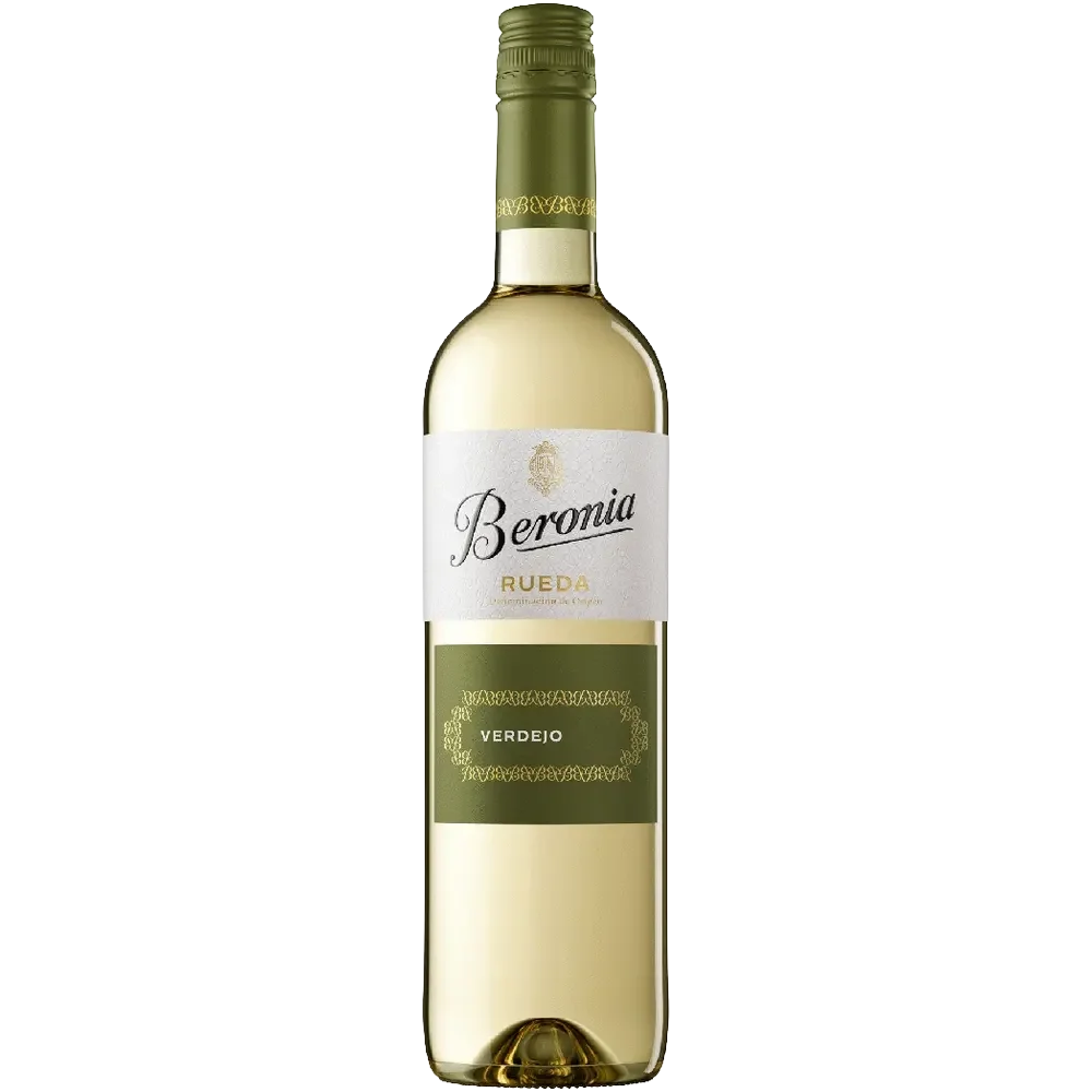 A bottle of white wine with a green cap and white and green labels, labeled 'Beronia Rueda Verdejo.'