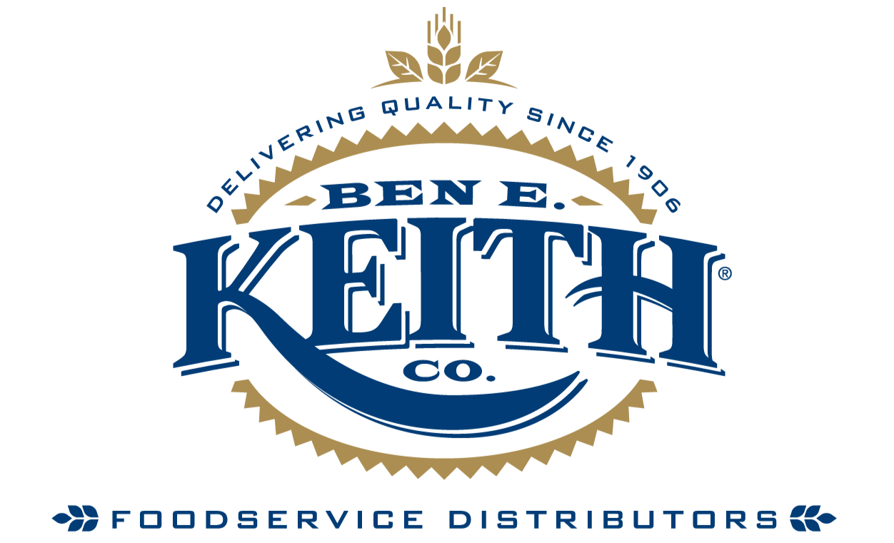 Logo of Ben E Keith Co., a foodservice distributor, with text indicating delivery since 1906 and established date 1906, featuring a wheat symbol and decorative elements.