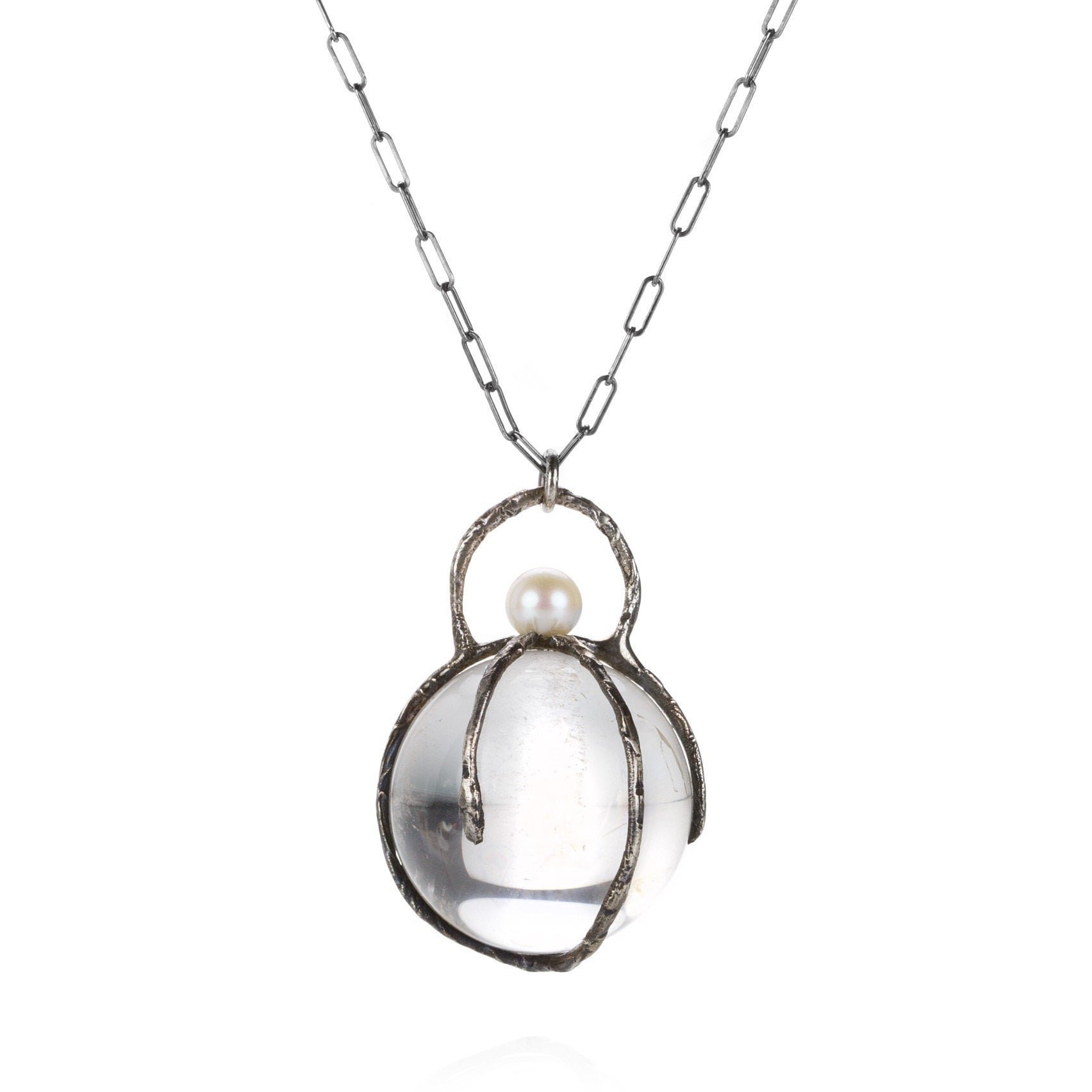 Sphere Clear Quartz Caged Oxidized Sterling Silver Necklace