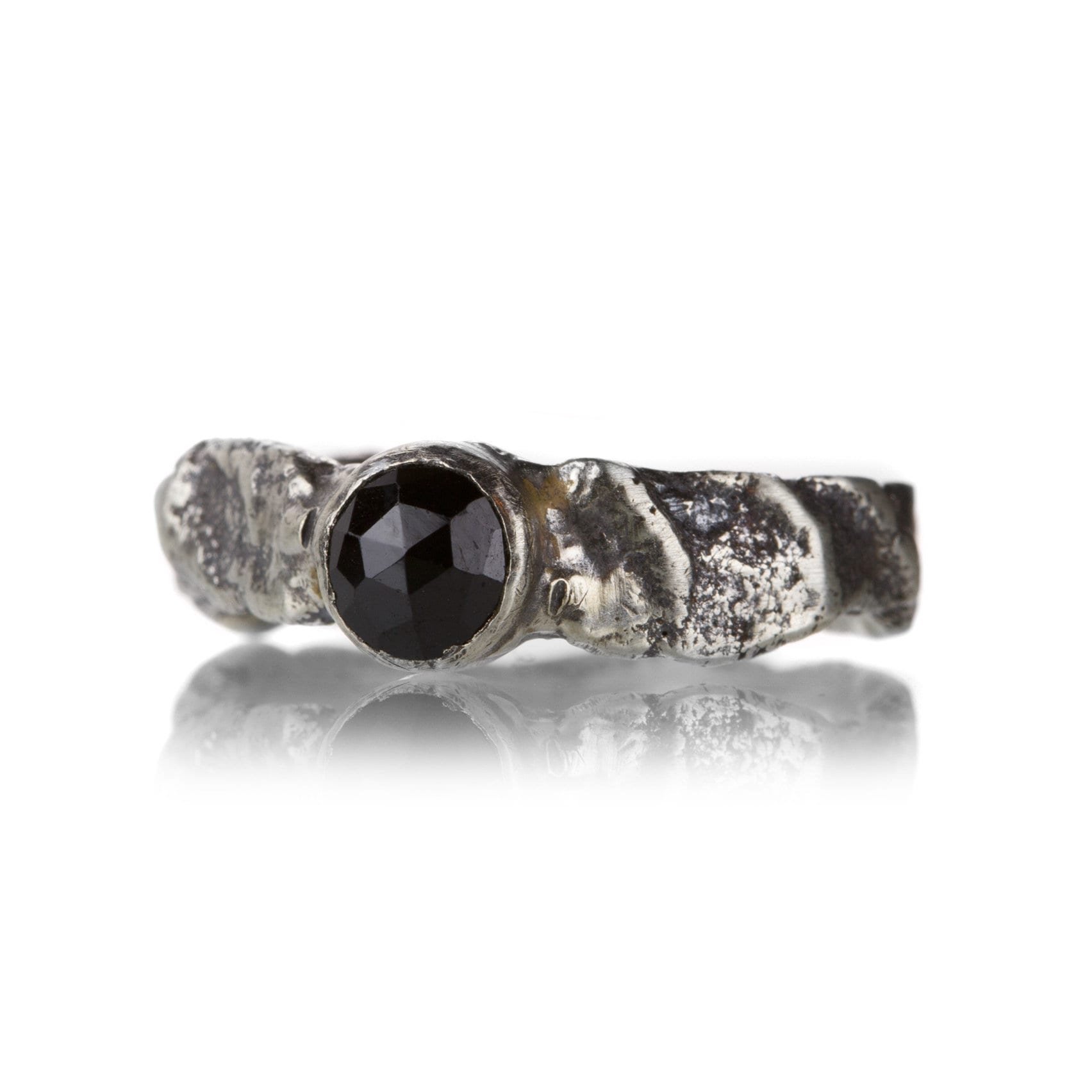 Rosecut Round Black Spinel Molten Sterling Silver Ring