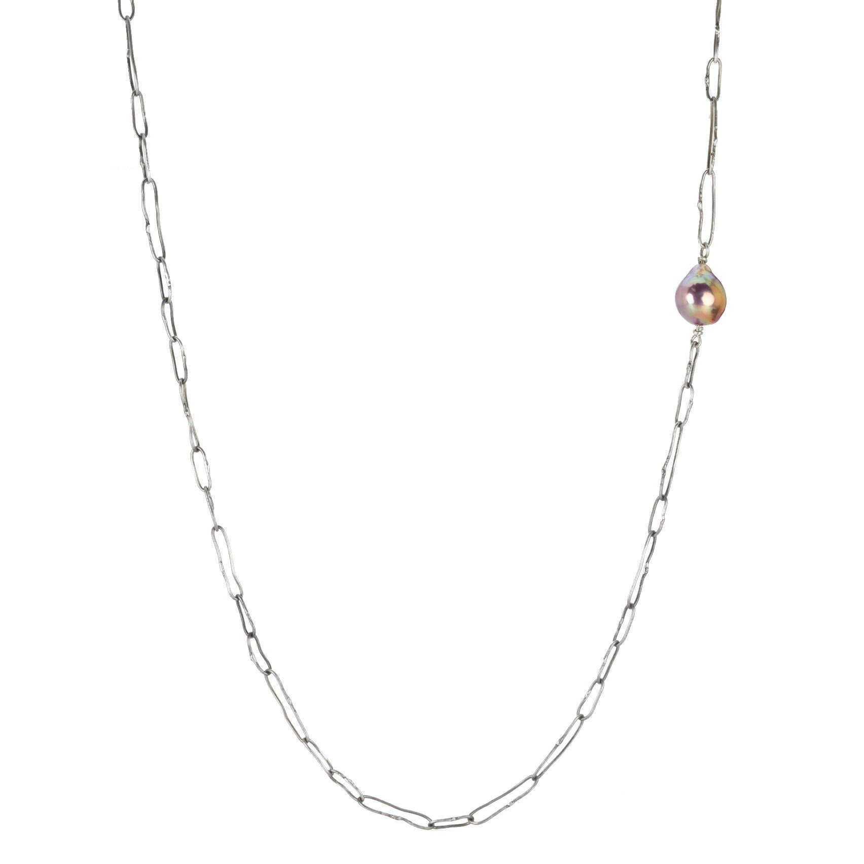 Asymmetrical Oxidized Sterling Silver and Pink Edison Pearl Necklace with Handmade Chain