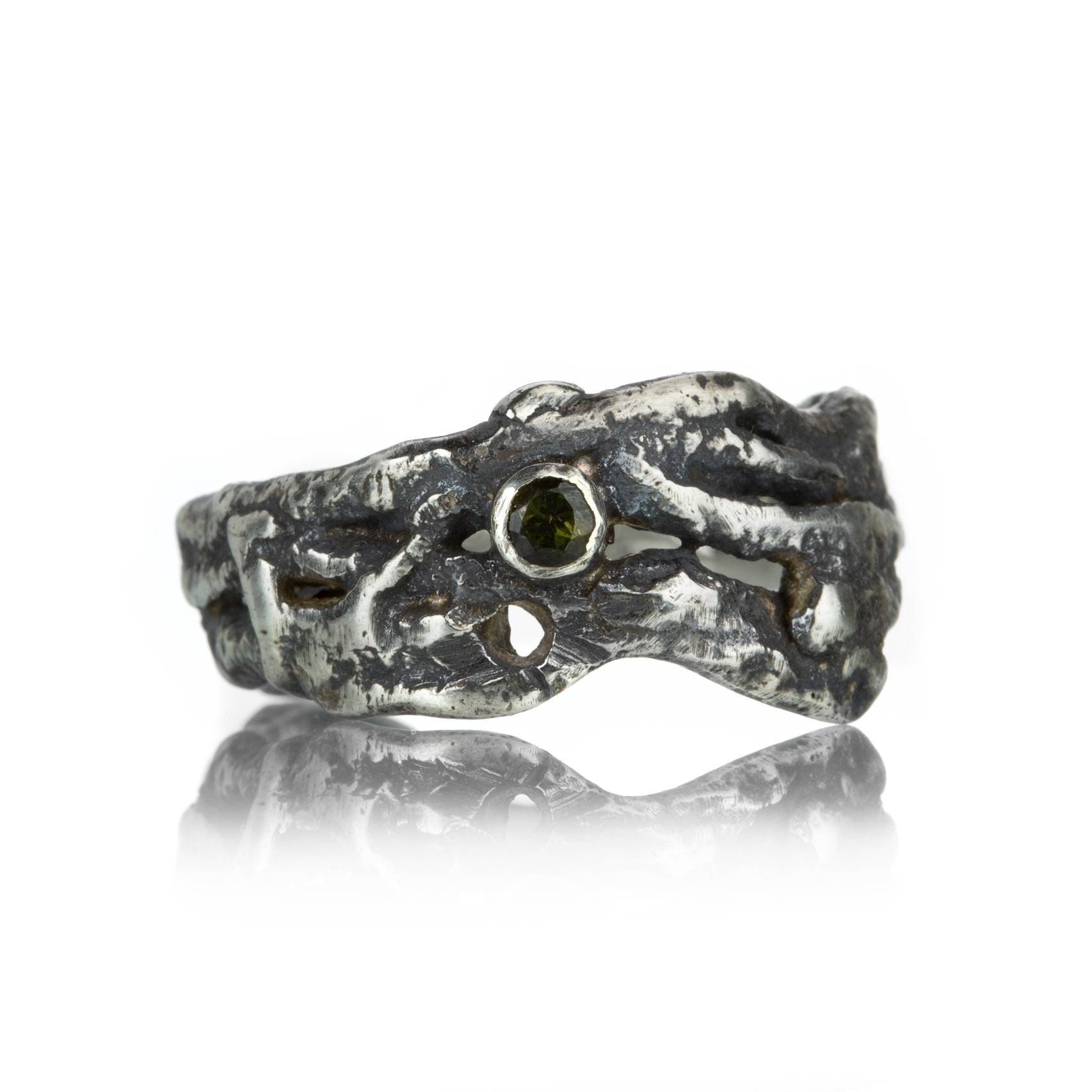 Dark Green Tourmaline Molten Sterling Silver Ring