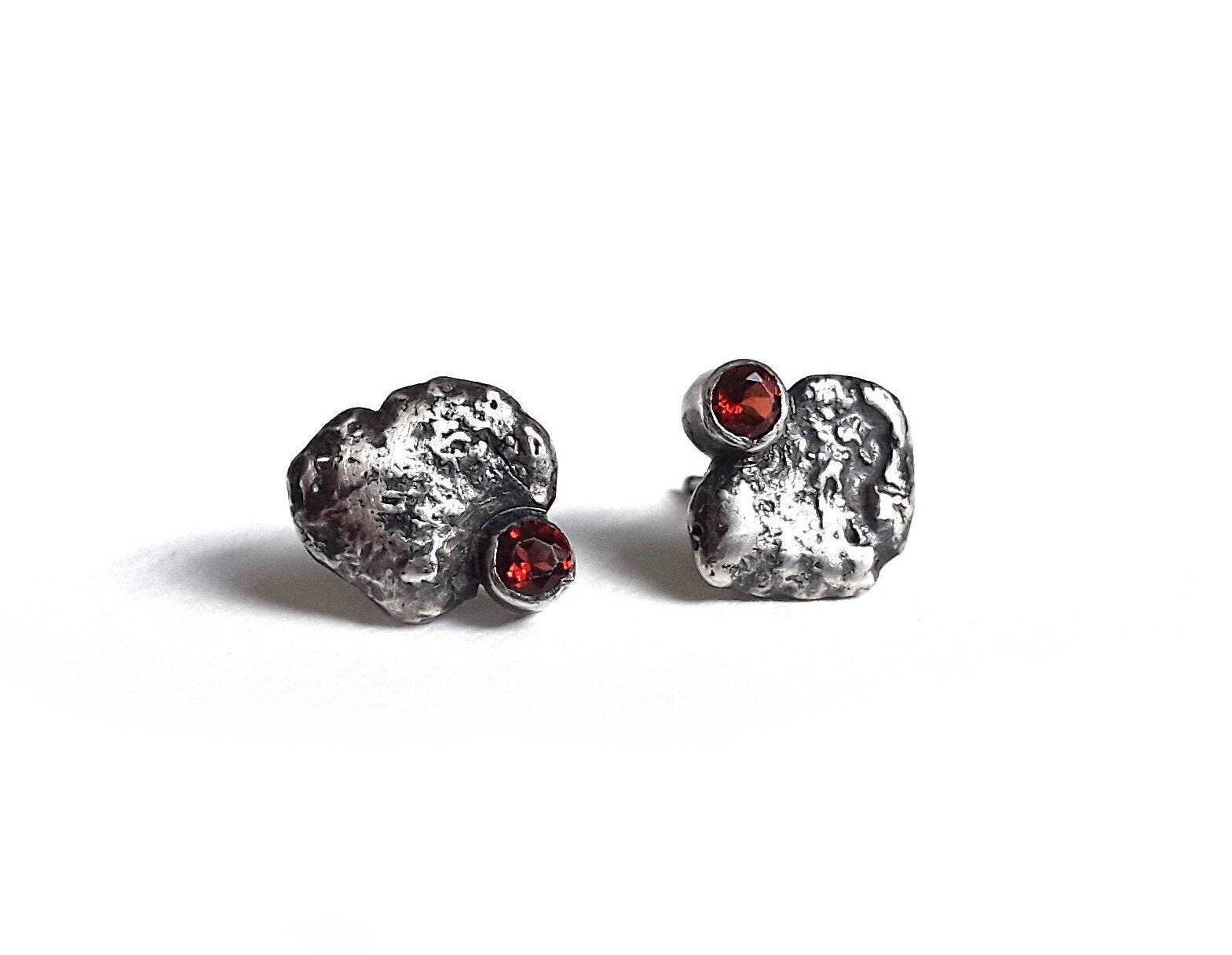 Garnet Asymmetrical Molten Sterling Silver Stud Earrings