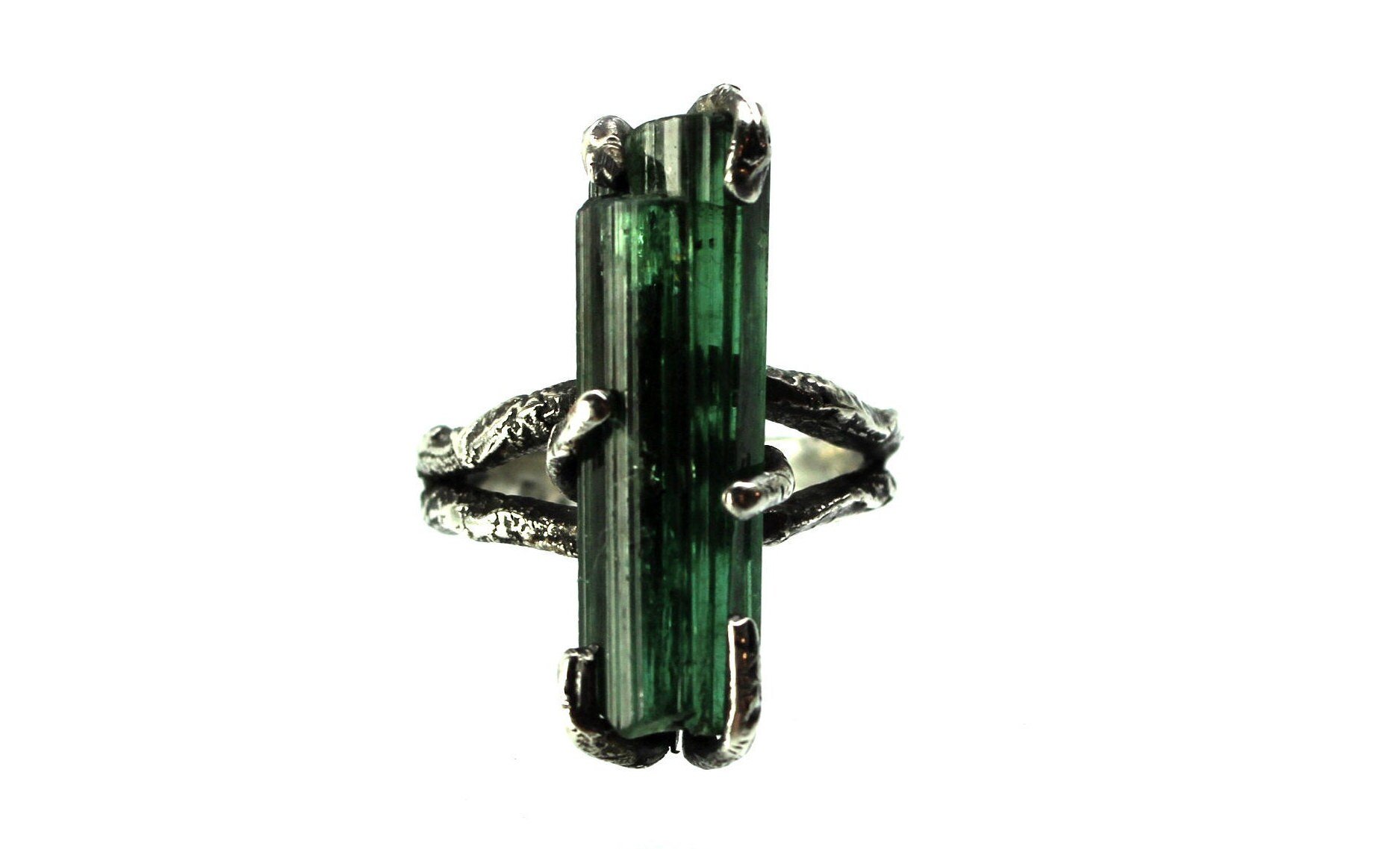 Raw Green Tourmaline Crystal Sterling Silver Ring