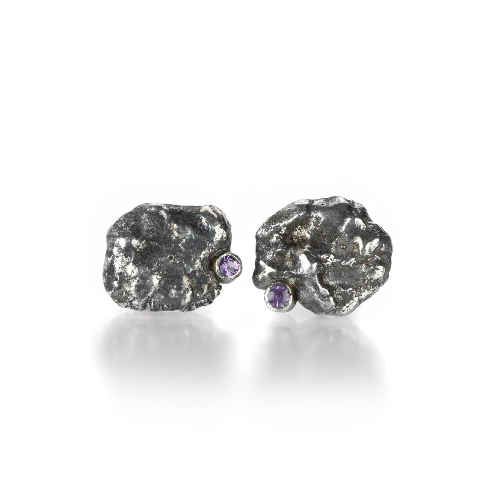 Amethyst Asymmetrical Molten Sterling Silver Stud Earrings